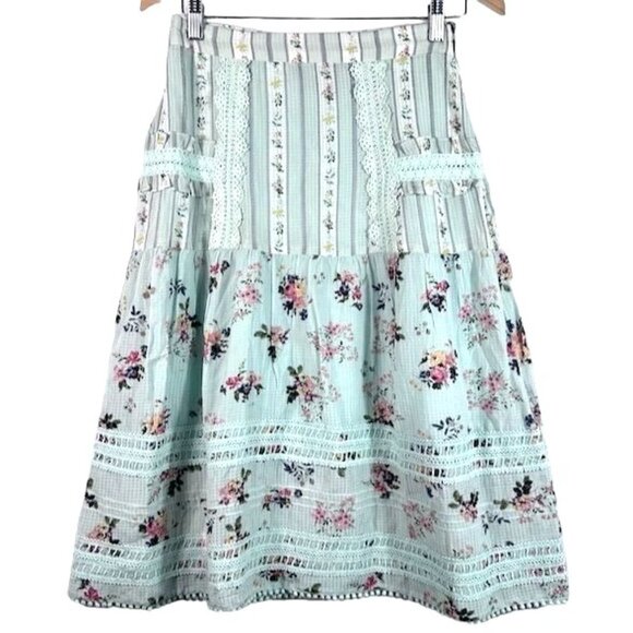 Anthropologie Hemant & Nandita Amour Floral Mint Green Lace Midi Skirt XS - Picture 3 of 8